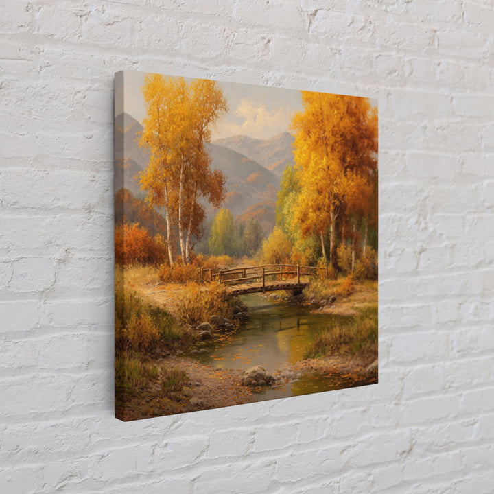 Autumn Forest Bridge Landscape Wall Art, Rustic Country Stream Canvas Print, Cozy Fall Home Decor, Living Room Wall Art