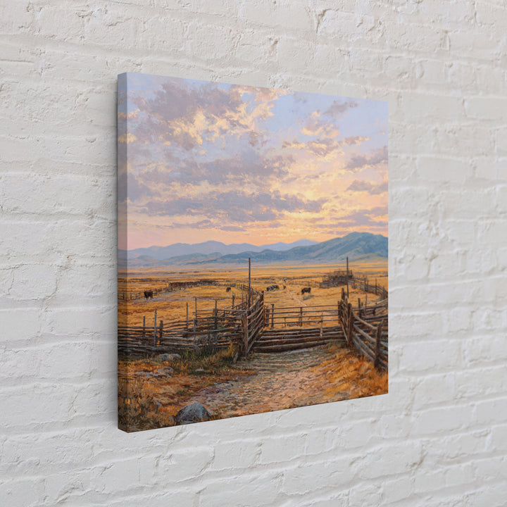 Sunset Cattle Ranch Landscape Painting Wall Art, Rustic Western Pasture Print, Country Farmhouse Living Room Decor