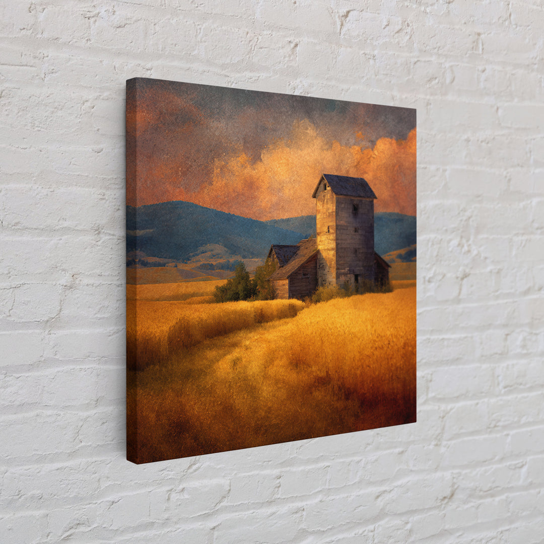 Rustic Barn In Golden Field Landscape Wall Art, Country Sunset Canvas Print, Farmhouse Home Decor Artwork