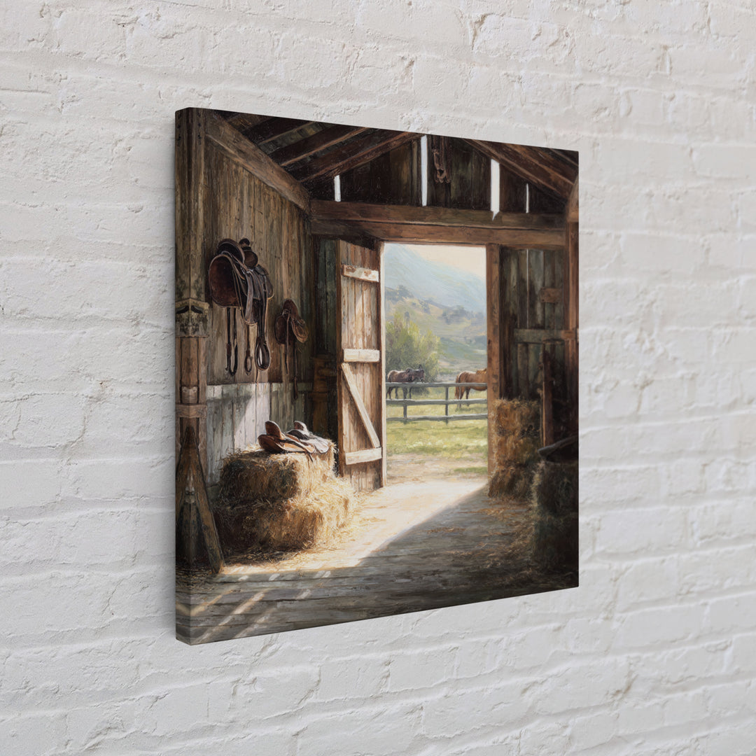 Rustic Horse Barn Interior Wall Art Country Farmhouse Decor Warm Sunlit Stable Landscape Print For Entryway Or Living Room