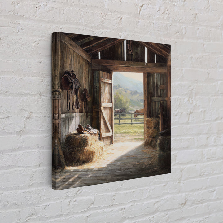 Rustic Horse Barn Interior Wall Art Country Farmhouse Decor Warm Sunlit Stable Landscape Print For Entryway Or Living Room