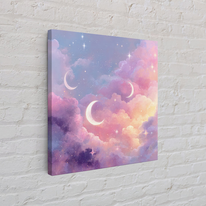 Pastel Crescent Moons In Dreamy Clouds Canvas Print, Celestial Wall Art, Whimsical Nursery Decor, Girls Room Decor, Space Art
