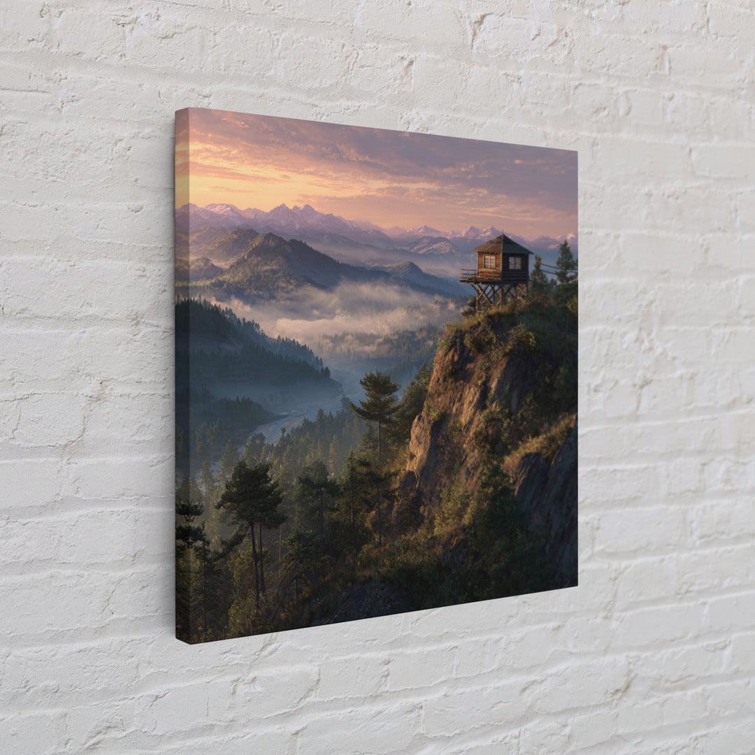 Mountain Fire Lookout Tower Sunrise Landscape Wall Art Misty Forest Painting Modern Home Decor Living Room Canvas Print
