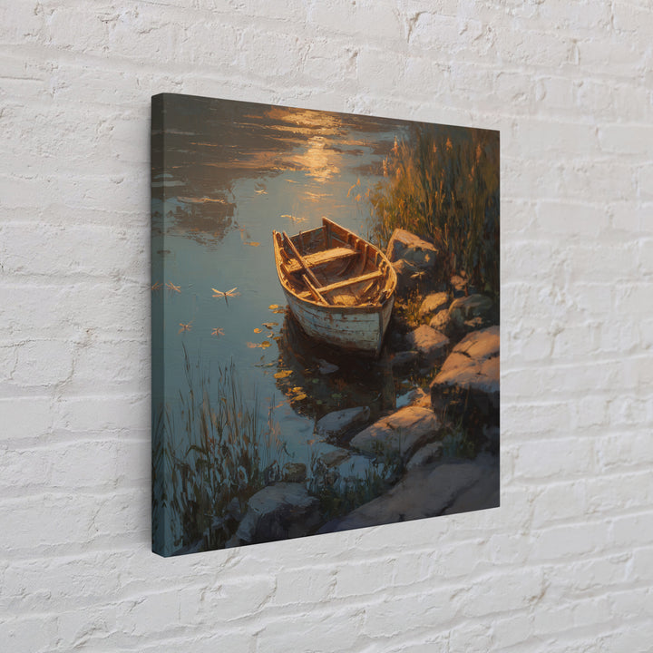 Rowboat On Golden Lake Wall Art, Tranquil Lakeside Landscape Canvas Print, Rustic Cabin Decor, Peaceful Nature Bedroom Wall Art
