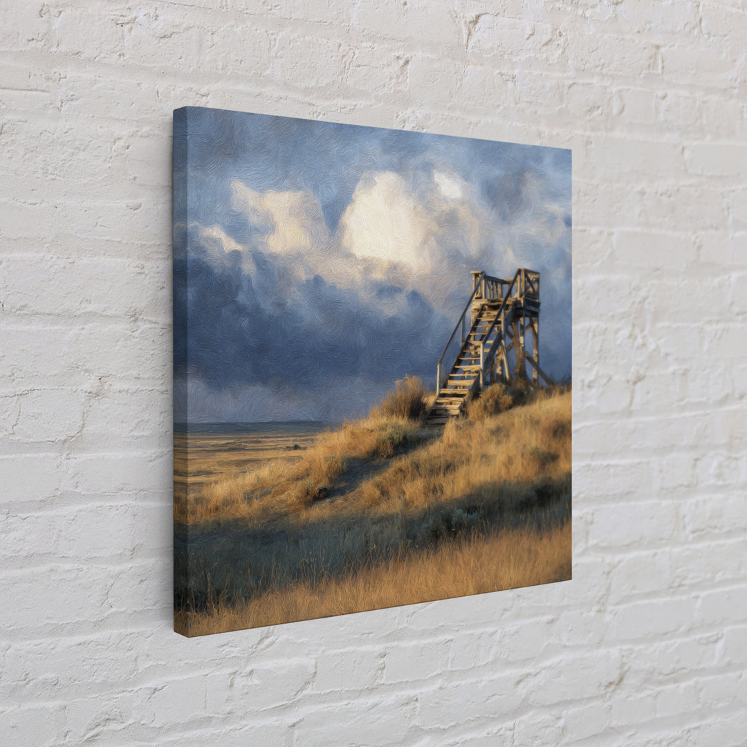 Windblown Dune Stairs Coastal Landscape Wall Art, Moody Beach House Decor Canvas Print
