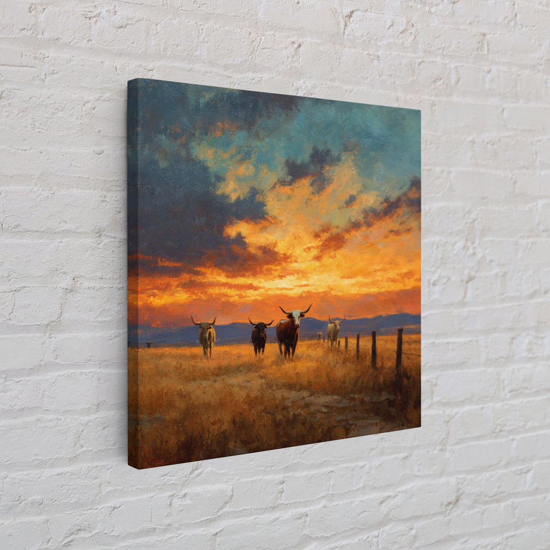 Longhorn Cattle At Sunset Western Landscape Wall Art, Rustic Ranch Canvas Print, Modern Cowboy Home Decor
