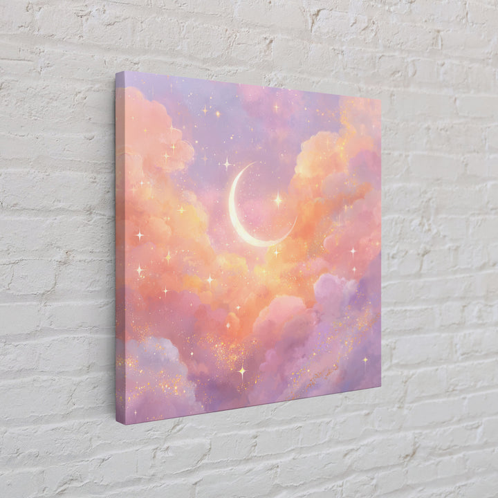 Glowing Crescent Moon Clouds Wall Art, Pastel Celestial Nursery Decor, Pink Bedroom Art, Dreamy Space Print, Girls Room Decor