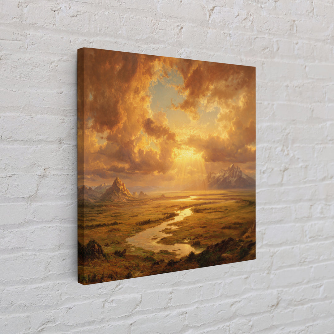Golden Sunset River Valley Landscape Wall Art, Warm Mountain Print, Rustic Country Decor For Living Room Wall Art