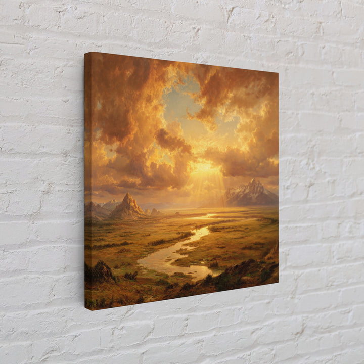 Golden Sunset River Valley Landscape Wall Art, Warm Mountain Print, Rustic Country Decor For Living Room Wall Art