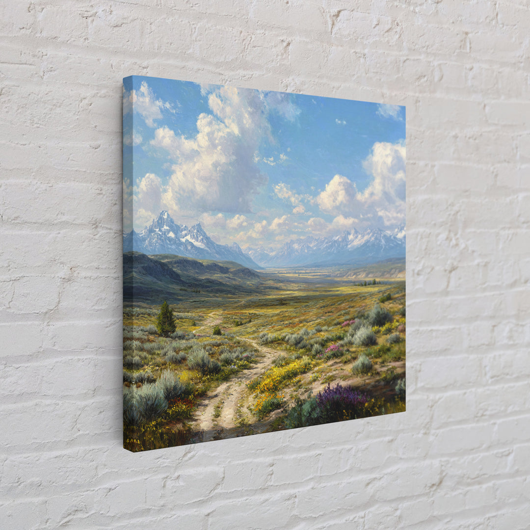 Wide Mountain Valley Wildflower Landscape Wall Art, Country Scenic Canvas Print For Rustic Farmhouse Decor