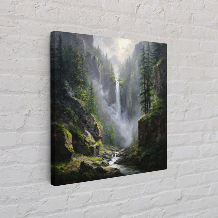 Majestic Mountain Waterfall Forest Landscape Wall Art, Serene Nature Canvas Print For Rustic Cabin Decor