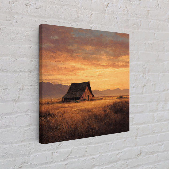 Rustic Barn At Sunset Landscape Wall Art, Country Farmhouse Painting, Warm Autumn Field Scene Large Framed Canvas Print