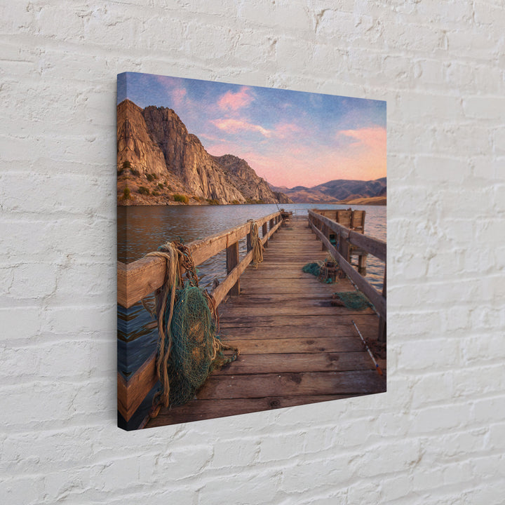 Rustic Fishing Pier At Sunset Canvas Print, Mountain Lake Landscape Wall Art, Cozy Cabin Decor For Lake House Or Living Room