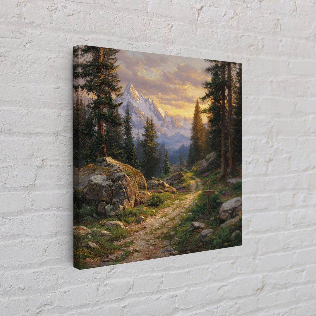 Mountain Forest Path At Sunset Wall Art, Tranquil Landscape Canvas Print For Rustic Cabin Or Living Room Home Decor