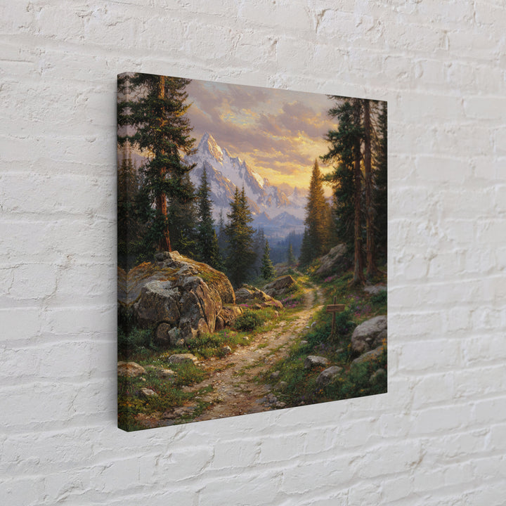 Mountain Forest Path At Sunset Wall Art, Tranquil Landscape Canvas Print For Rustic Cabin Or Living Room Home Decor