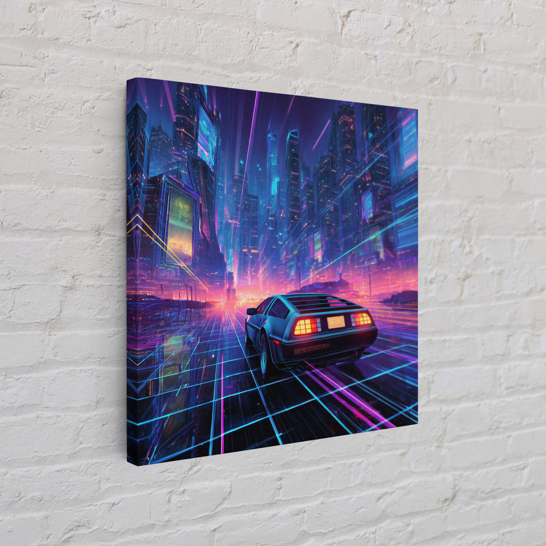Retro Futuristic Car In Neon Cityscape Wall Art, Cyberpunk Sci Fi Canvas Print, Gaming Room Decor Modern Art