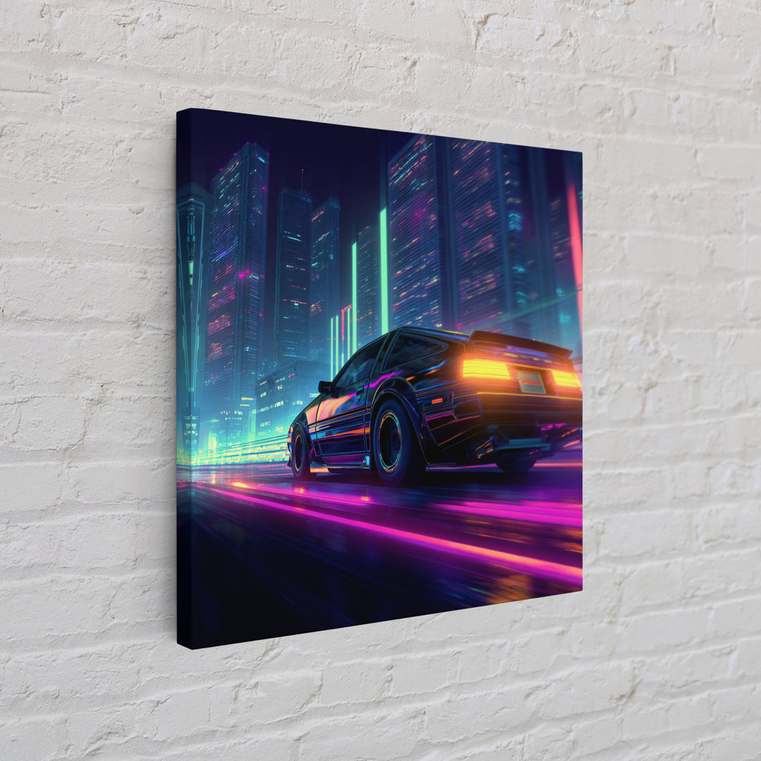 Neon Cyberpunk Sports Car Night Cityscape Wall Art Futuristic Sci Fi Urban Decor Gaming Room Canvas Print For Cool Office
