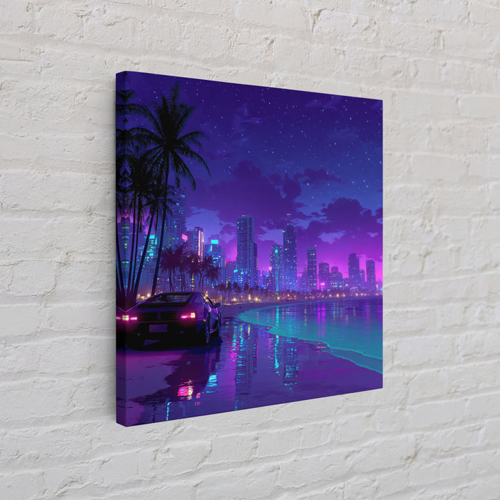 Neon Miami Night Cityscape Wall Art, Retro Futuristic Car On Beach, Cyberpunk Ocean Art, Gaming Room Decor Canvas Print