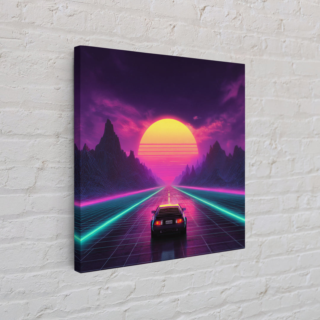 Retro Synthwave Sunset Highway Wall Art, Neon Car Landscape Canvas Print, Cyberpunk Futuristic Decor, Gaming Room Wall Art
