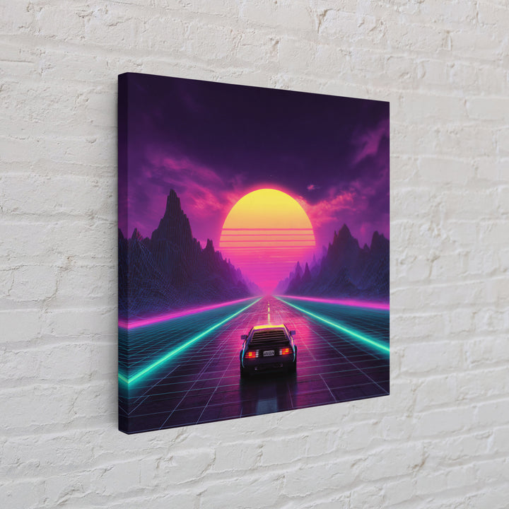 Retro Synthwave Sunset Highway Wall Art, Neon Car Landscape Canvas Print, Cyberpunk Futuristic Decor, Gaming Room Wall Art