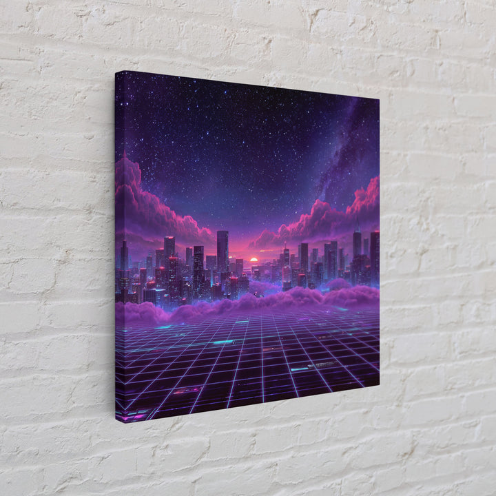 Neon Retro Futuristic Cityscape Wall Art, Vaporwave Sunset Skyline Canvas Print, Cyberpunk Room Decor, Gaming Office Artwork