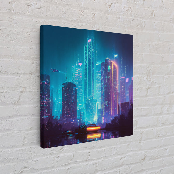 Cyberpunk Neon Cityscape At Night Wall Art, Futuristic Skyline Canvas Print, Retro Wave Room Decor, Gaming Home Decor