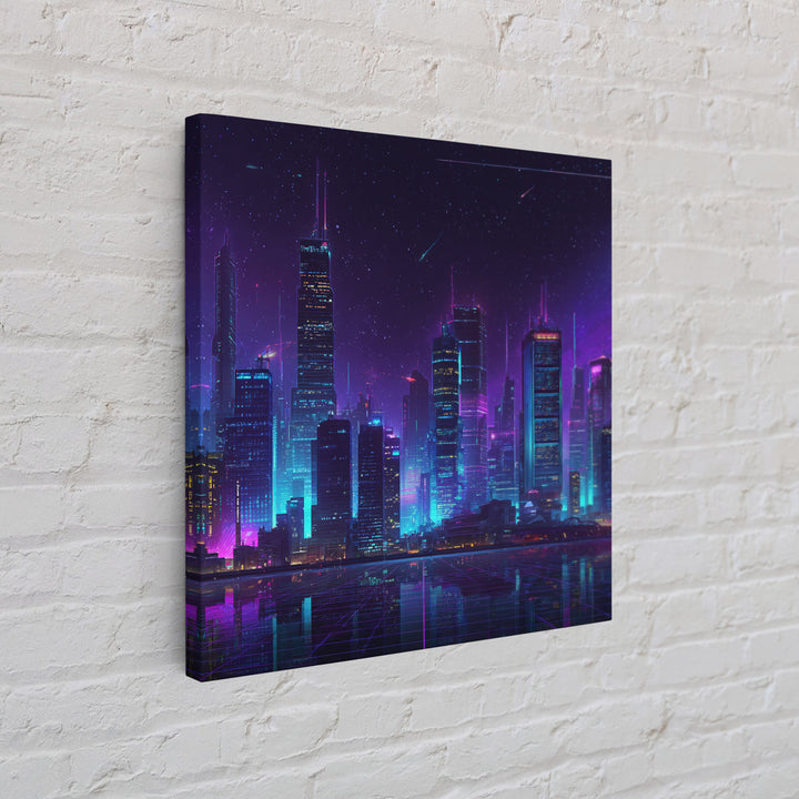 Neon Cyberpunk City Skyline Wall Art, Futuristic Nightscape Canvas Print, Sci Fi Gaming Room Decor, Vaporwave Wall Art