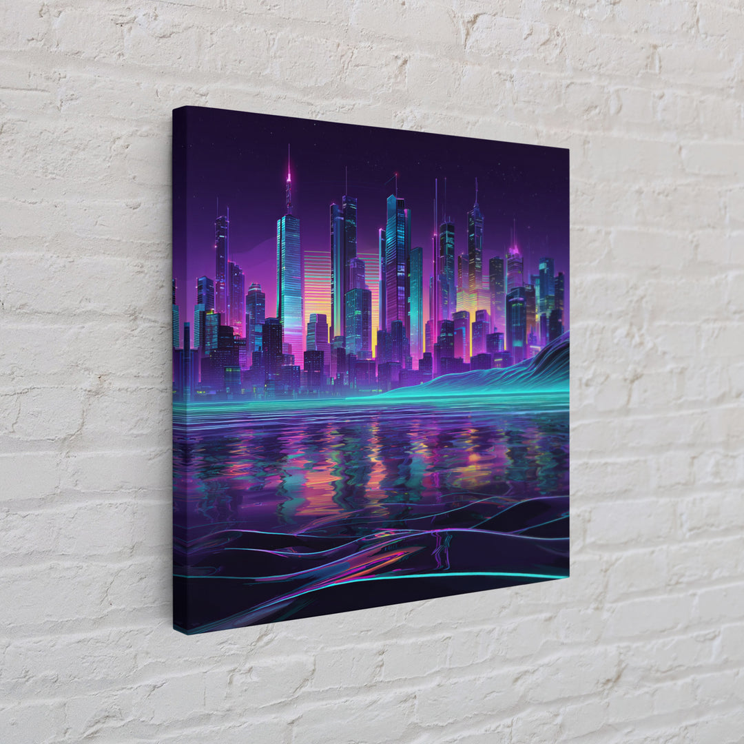 Neon Futuristic City Skyline At Night Wall Art Cyberpunk Landscape Canvas Print Modern Urban Home Decor Gaming Room Artwork