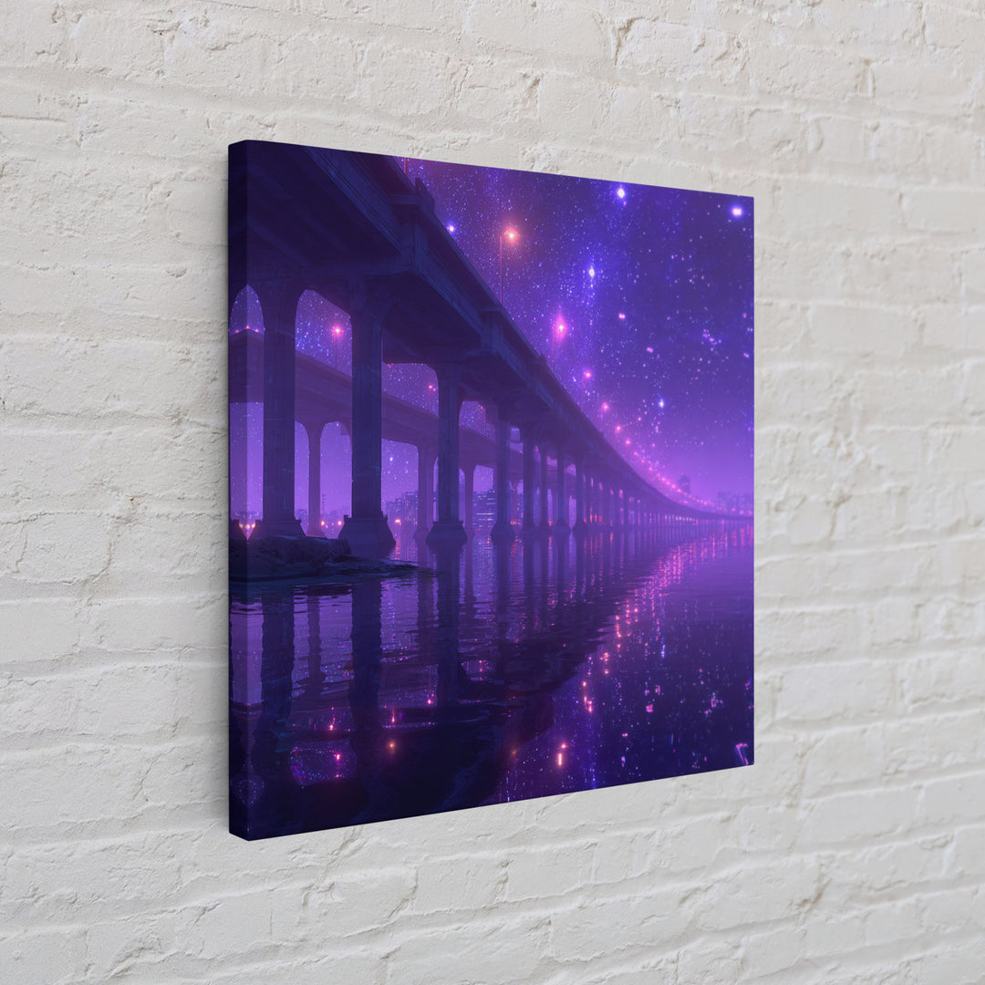 Neon Bridge At Night Over Water Wall Art, Dreamy Purple Cityscape Print, Modern Coastal Home Decor Canvas Print