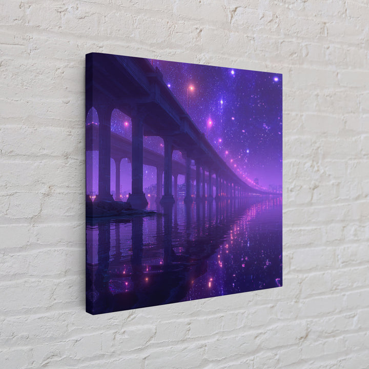 Neon Bridge At Night Over Water Wall Art, Dreamy Purple Cityscape Print, Modern Coastal Home Decor Canvas Print