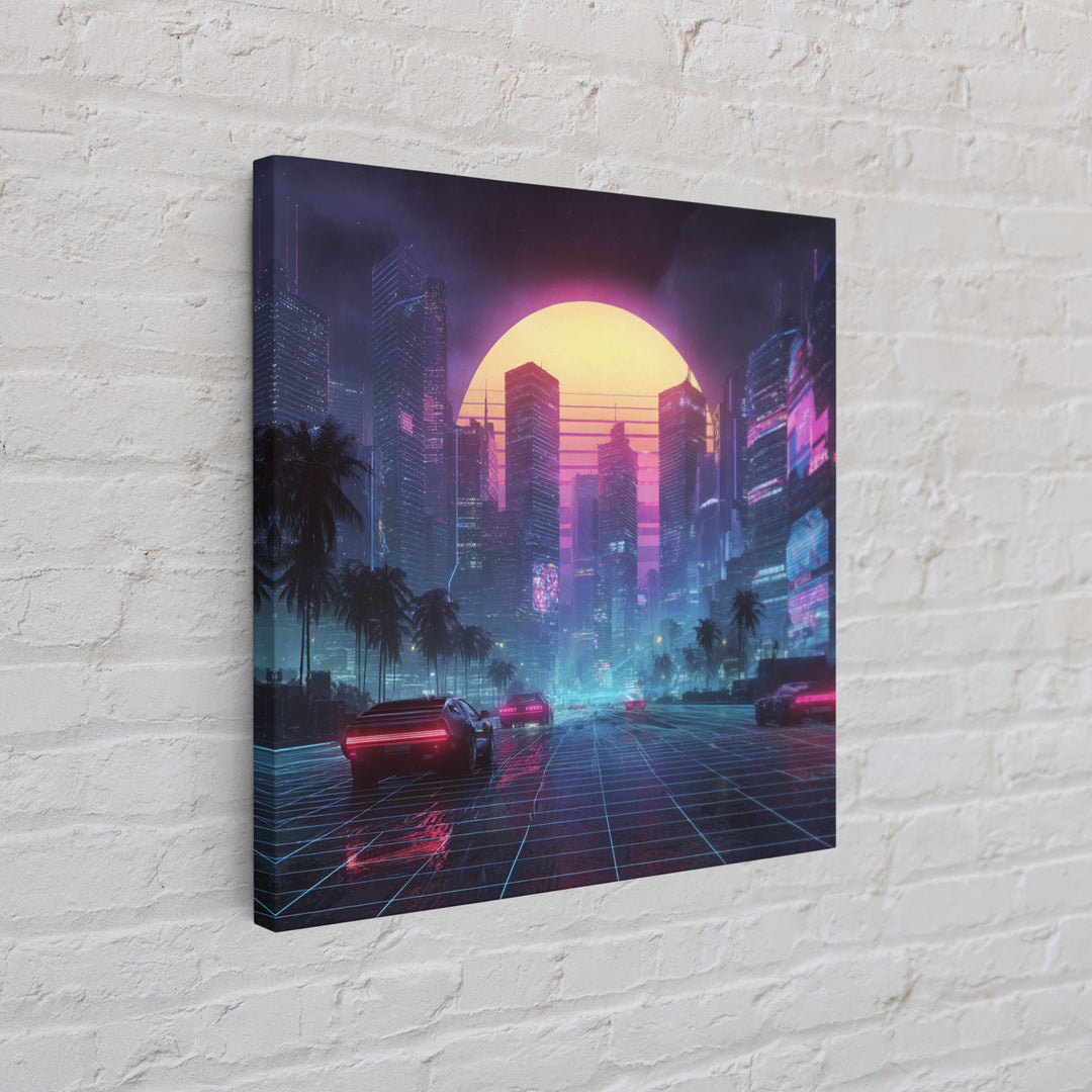 Neon Cyberpunk Cityscape With Retro Cars Wall Art Canvas Print, Futuristic Sci Fi Gaming Room Decor Modern Urban Art