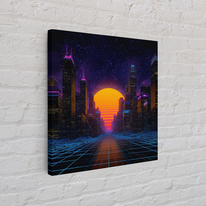 Neon City Sunset Retro Futuristic Wall Art, Cyberpunk Skyline Print, Synthwave Gaming Room Decor, Vibrant Sci Fi Living Room Wall Art