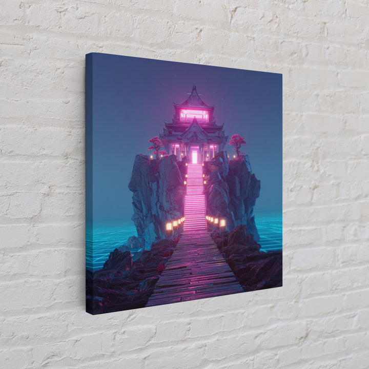 Neon Temple On Ocean Cliff Wall Art, Futuristic Fantasy Landscape Print, Surreal Zen Decor, Modern Home Decor Canvas Print