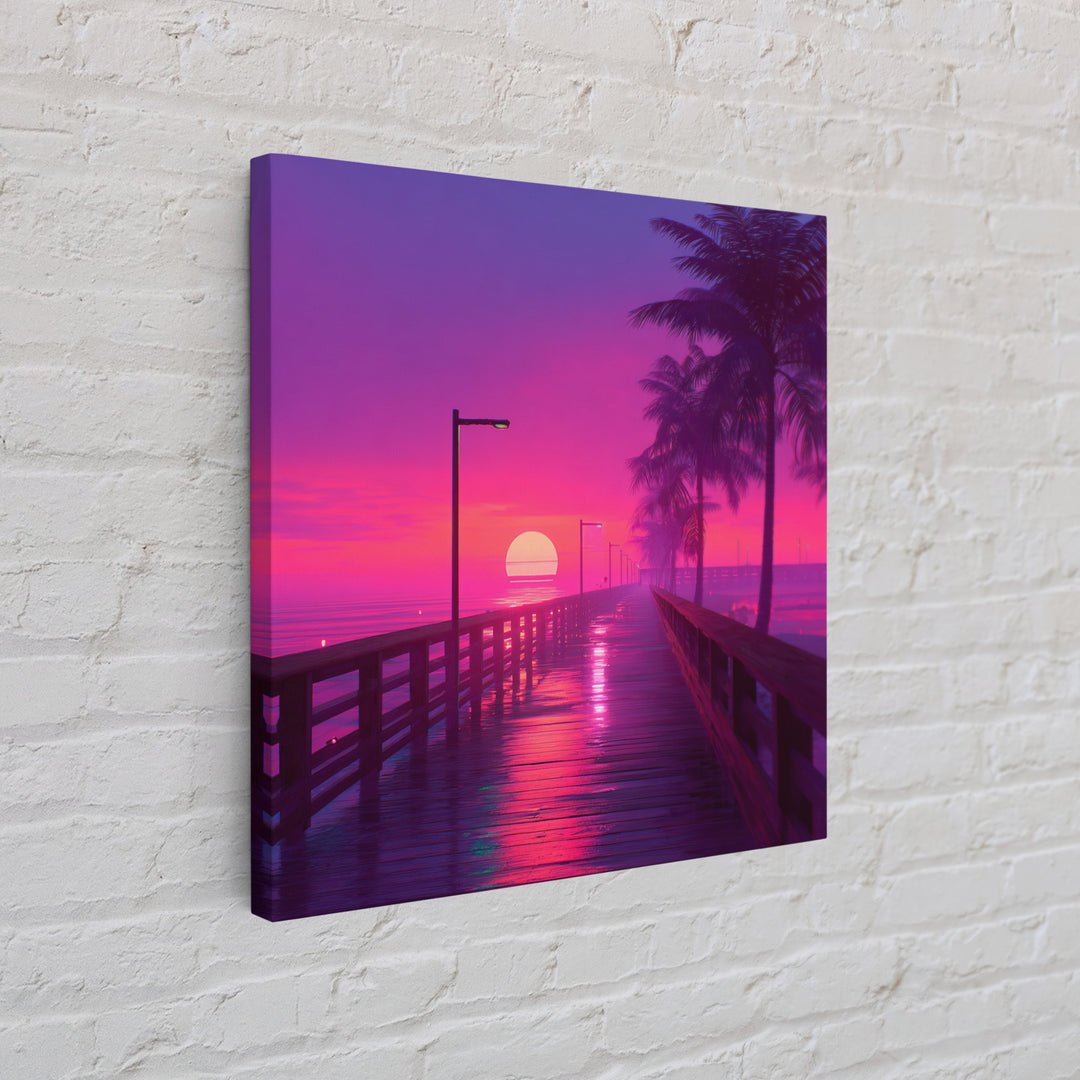 Neon Pier At Sunset With Palm Trees Wall Art, Vibrant Coastal Landscape Print, Retro Beach Home Decor Canvas Print