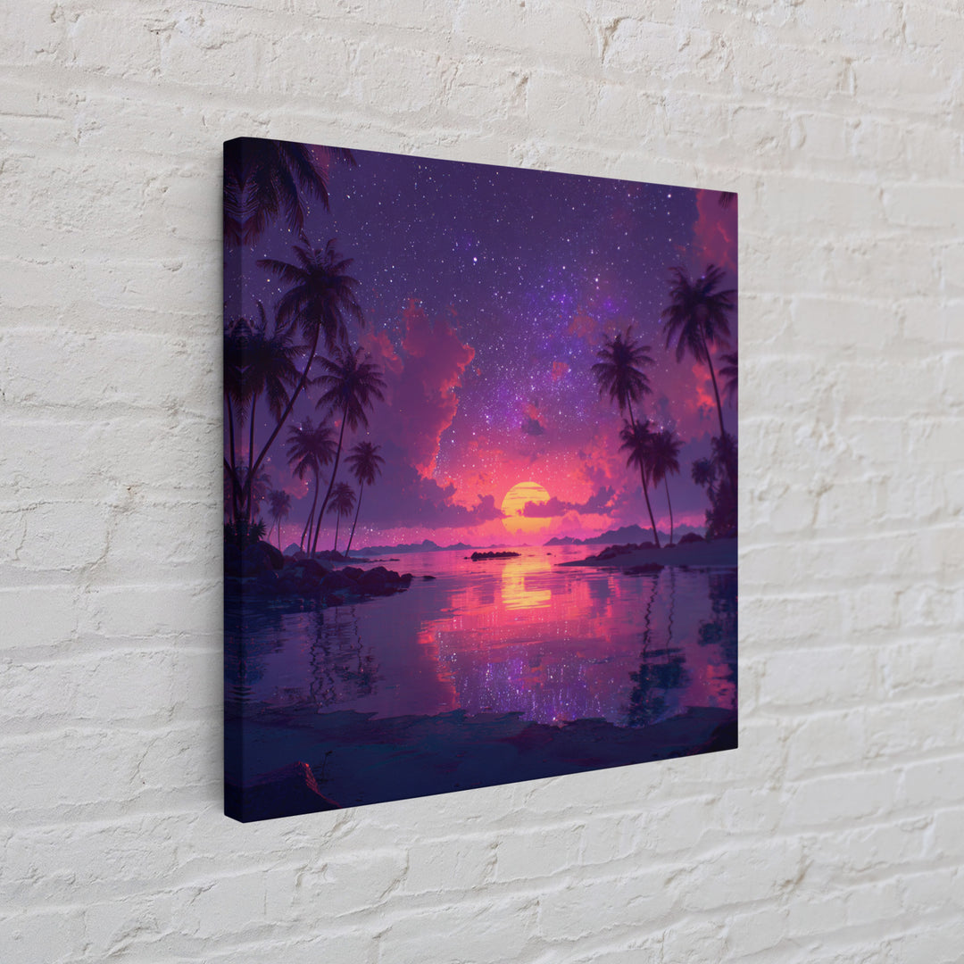 Starlit Tropical Lagoon Sunset Wall Art, Dreamy Pink Purple Coastal Landscape, Romantic Beach Canvas Print For Bedroom