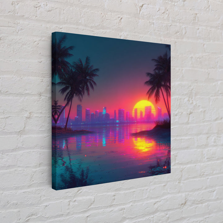 Retro Neon Beach Sunset City Skyline Wall Art Vaporwave Aesthetic Canvas Print Modern Coastal Wall Art Decor