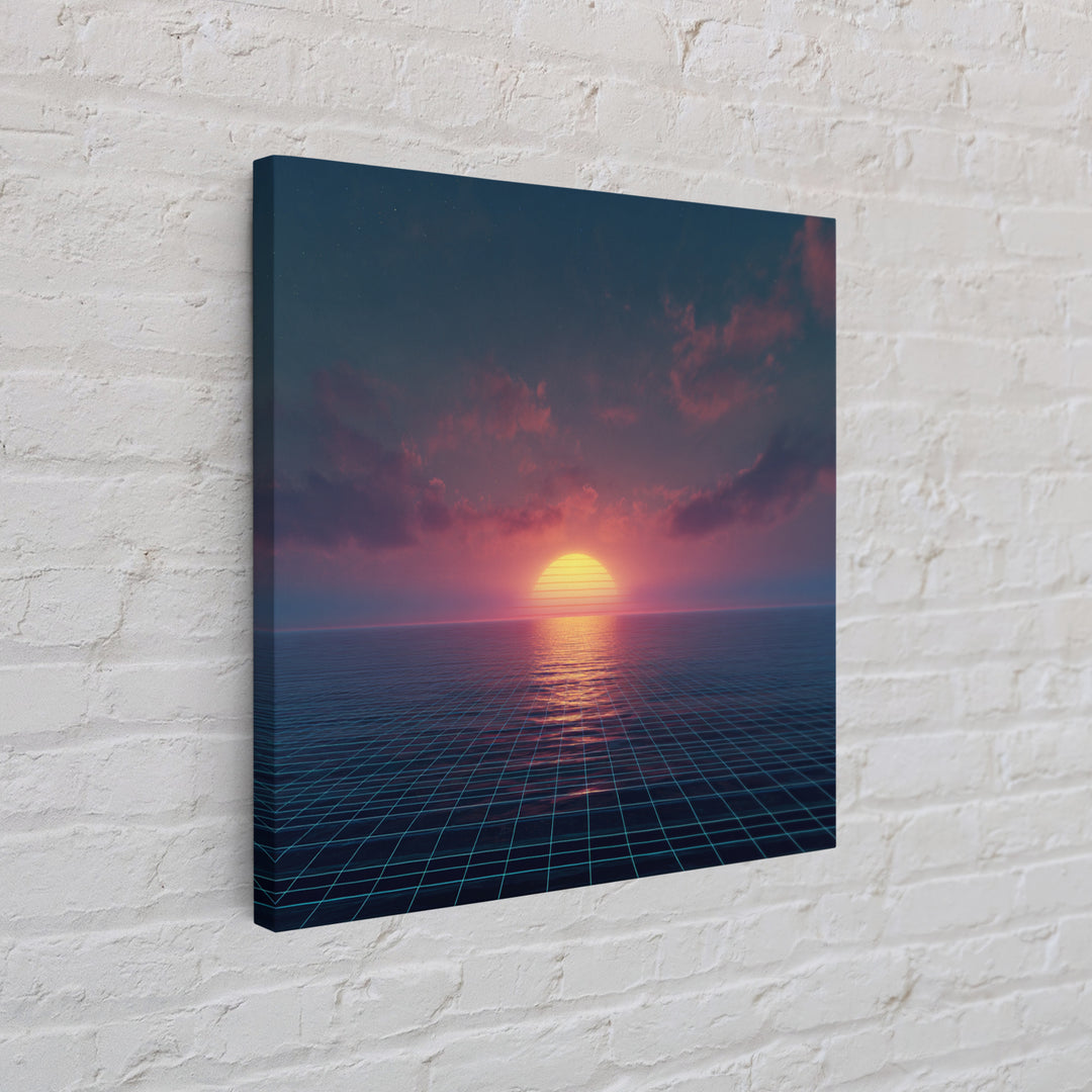 Neon Ocean Horizon Sunset Canvas Print, Retro Grid Seascape Wall Art, Futuristic Coastal Decor, Synthwave Bedroom Or Gaming Room Art
