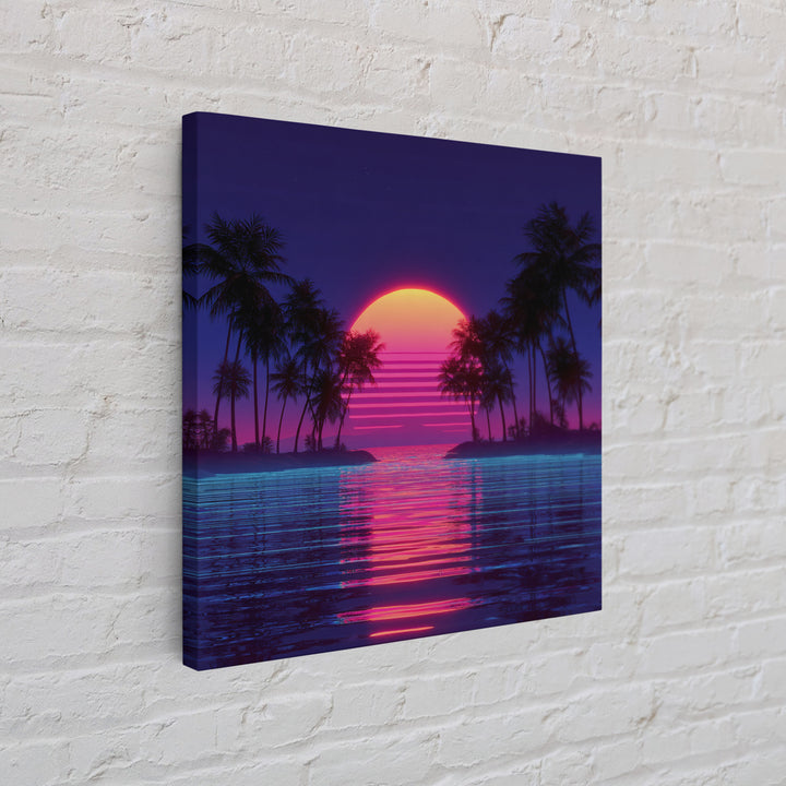Retro Neon Island Sunset Wall Art, Synthwave Palm Tree Canvas Print, Vaporwave City Beach Decor, Futuristic Coastal Art