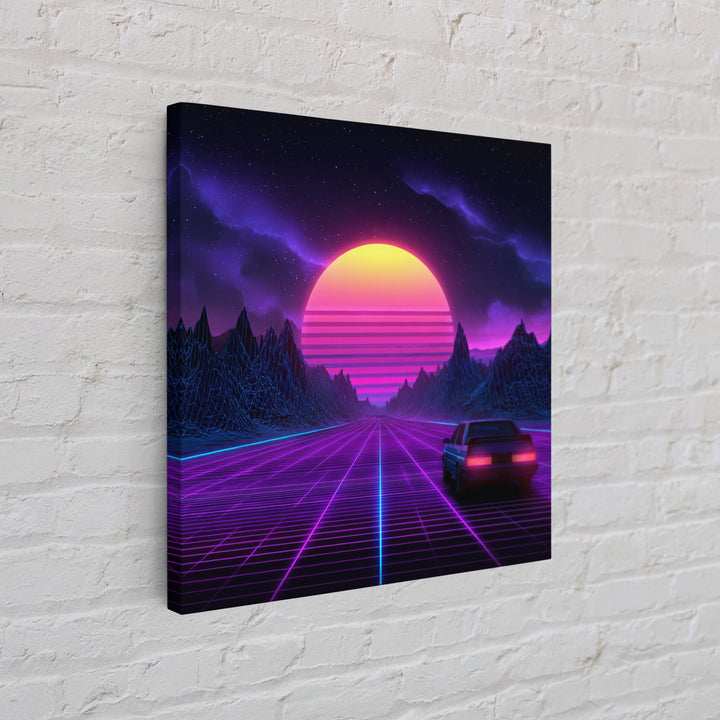 Neon Retro Highway Vaporwave Landscape Wall Art Canvas Print, Futuristic Sci Fi Gaming Room Decor Modern Abstract Art