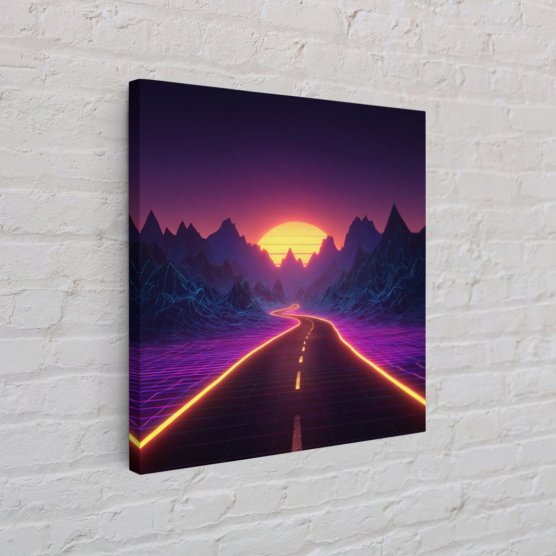 Retro Futuristic Neon Road Wall Art, Synthwave Landscape Poster, Gaming Room Decor, Vibrant 80s Style Canvas Print