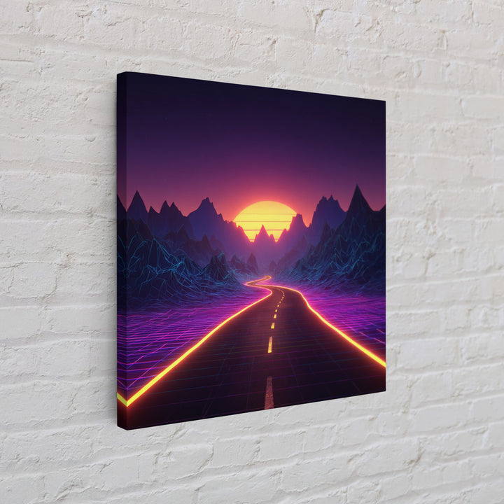 Retro Futuristic Neon Road Wall Art, Synthwave Landscape Poster, Gaming Room Decor, Vibrant 80s Style Canvas Print