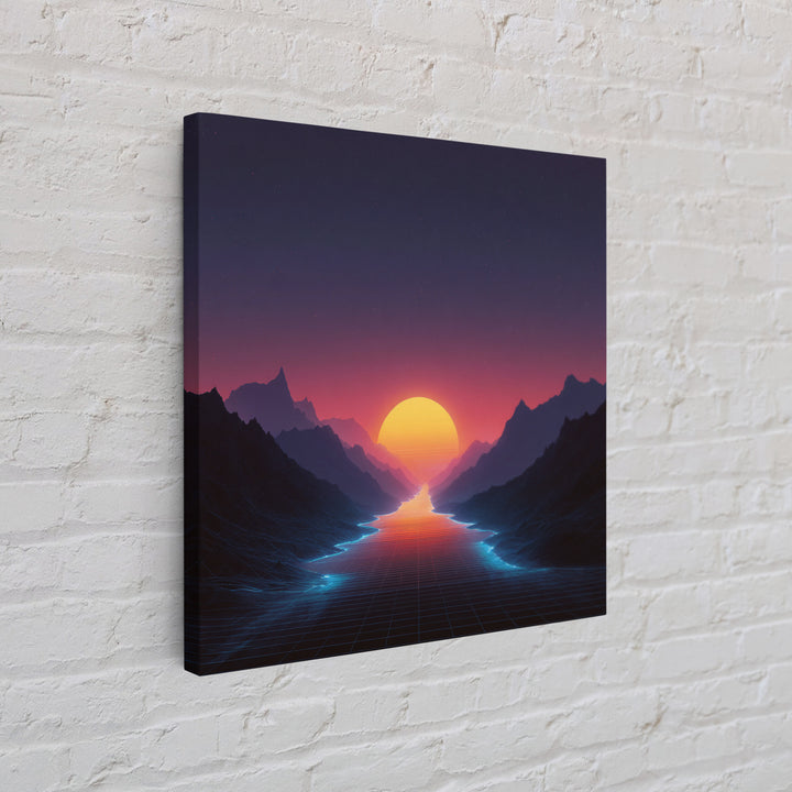 Retro Synthwave Sunset Over Neon River Wall Art, Futuristic 80s Vaporwave Landscape Canvas Print For Gaming Room