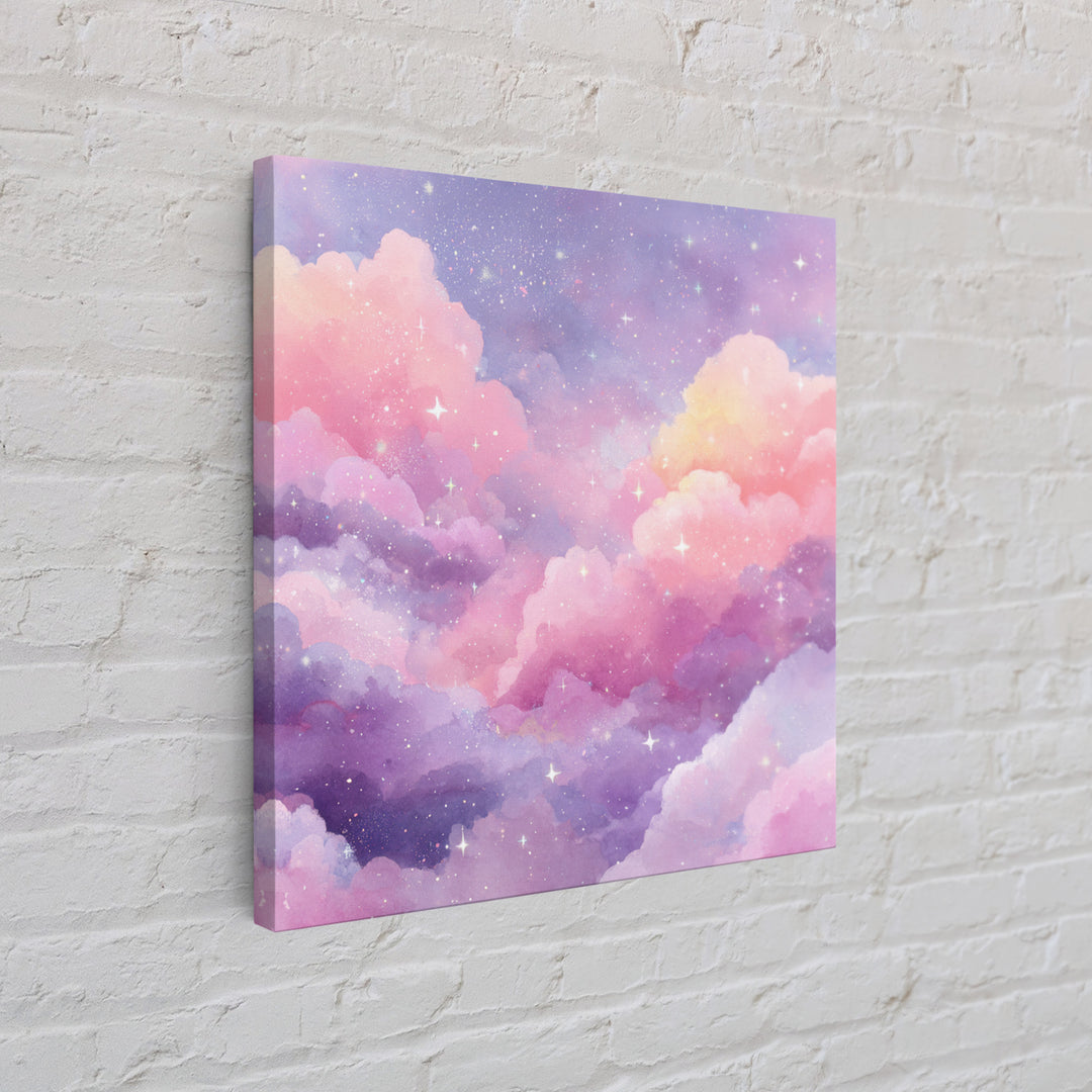 Pink Lavender Starry Clouds Wall Art, Pastel Celestial Canvas Print, Dreamy Nursery Decor, Girls Room Decor, Whimsical Art