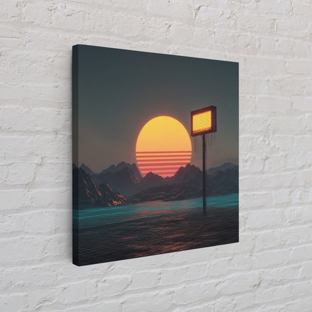 Futuristic Neon Sun Over Sci Fi Mountains Wall Art, Cyberpunk Landscape Home Decor, Retro Synthwave Canvas Print