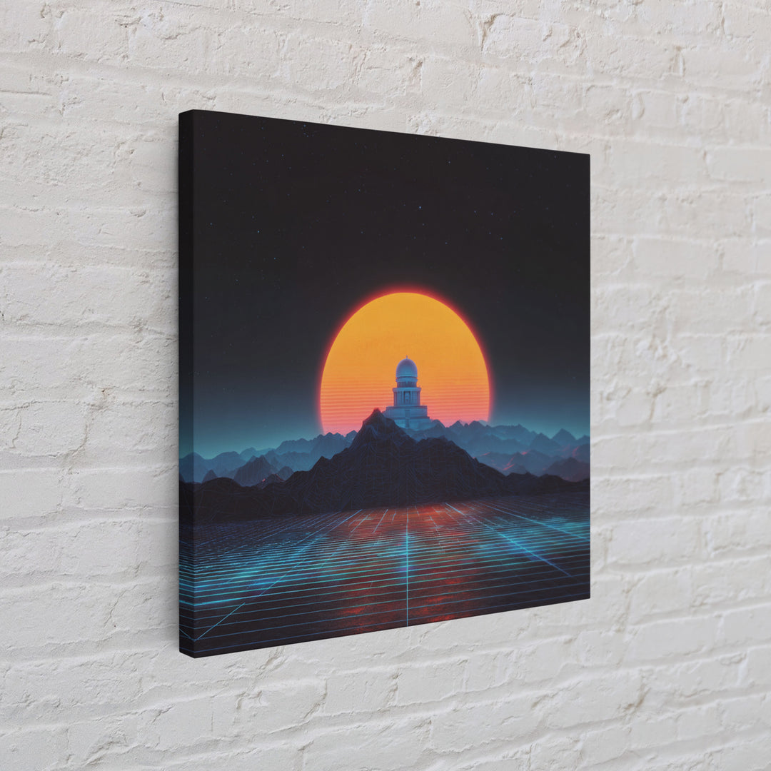 Sci Fi Observatory Sunset Landscape Wall Art, Retro Futuristic Mountains, Neon Synthwave Canvas Print Decor