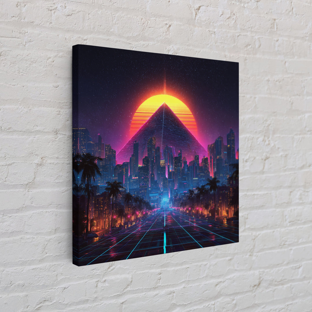 Retro Futuristic Neon City Pyramid Wall Art, Cyberpunk Sunset Canvas Print, Synthwave Gaming Room Decor, Sci Fi Art