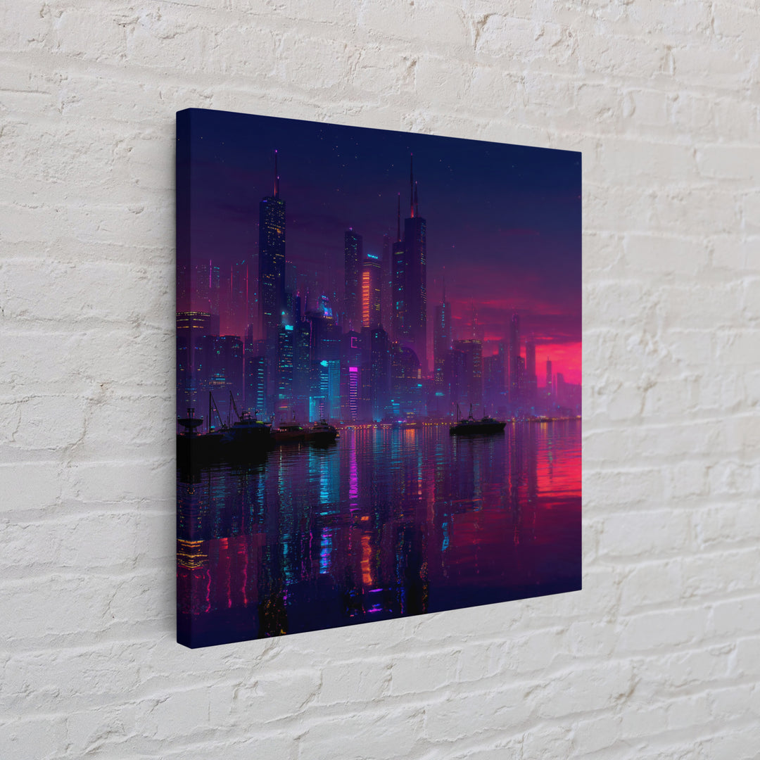 Cyberpunk Neon City Skyline Wall Art, Futuristic Night Harbor Canvas Print, Sci Fi Cityscape Decor, Gaming Room Modern Wall Art