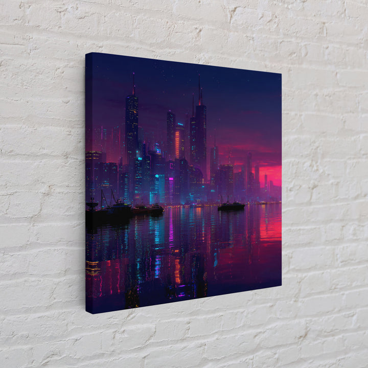 Cyberpunk Neon City Skyline Wall Art, Futuristic Night Harbor Canvas Print, Sci Fi Cityscape Decor, Gaming Room Modern Wall Art