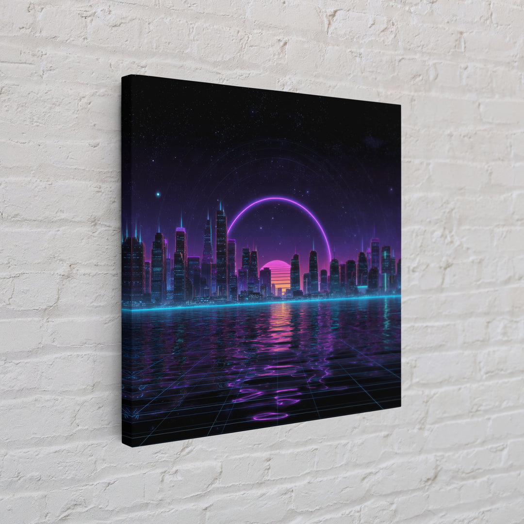 Neon City Skyline Over Water Retro Futuristic Wall Art Vaporwave Cityscape Canvas Print Gaming Room Decor