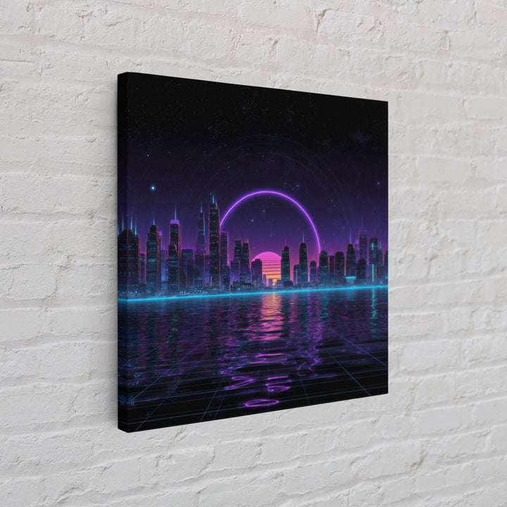 Neon City Skyline Over Water Retro Futuristic Wall Art Vaporwave Cityscape Canvas Print Gaming Room Decor